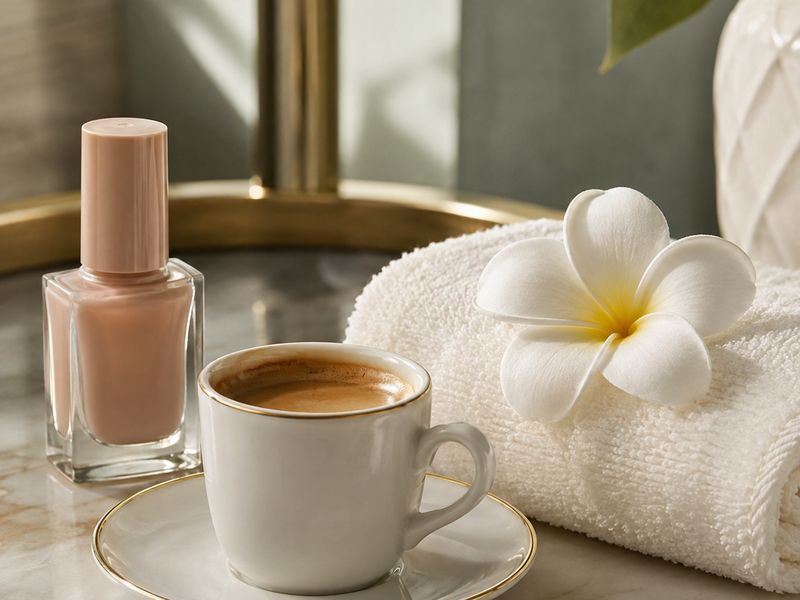 A cup of Cuban coffee beside a nail polish bottle and a plumeria flower