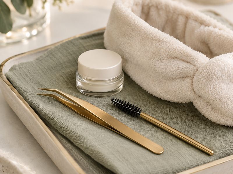 Gold tweezers and a spoolie brush on sage linen